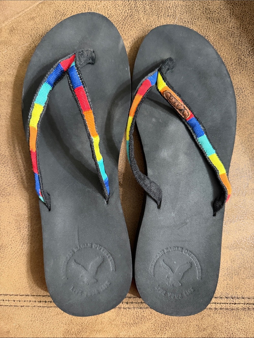 American Eagle Outfitters Black Flip Flop Sandals with Rainbow Straps